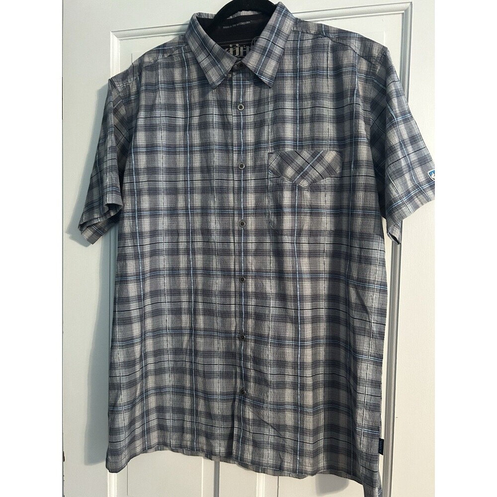KÜHL Mountain Grown Men's Plaid Blue Gray White Short Sleeve Button-Up Shirt L